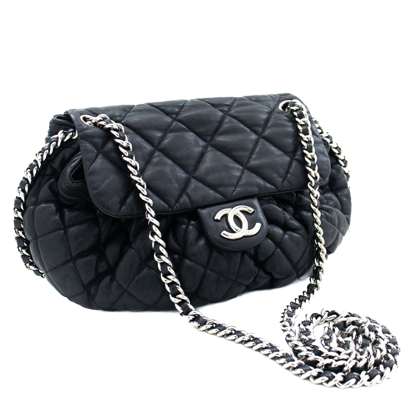 CHANEL Chain Around Shoulder Bag Crossbody Black Calfskin Leather j91