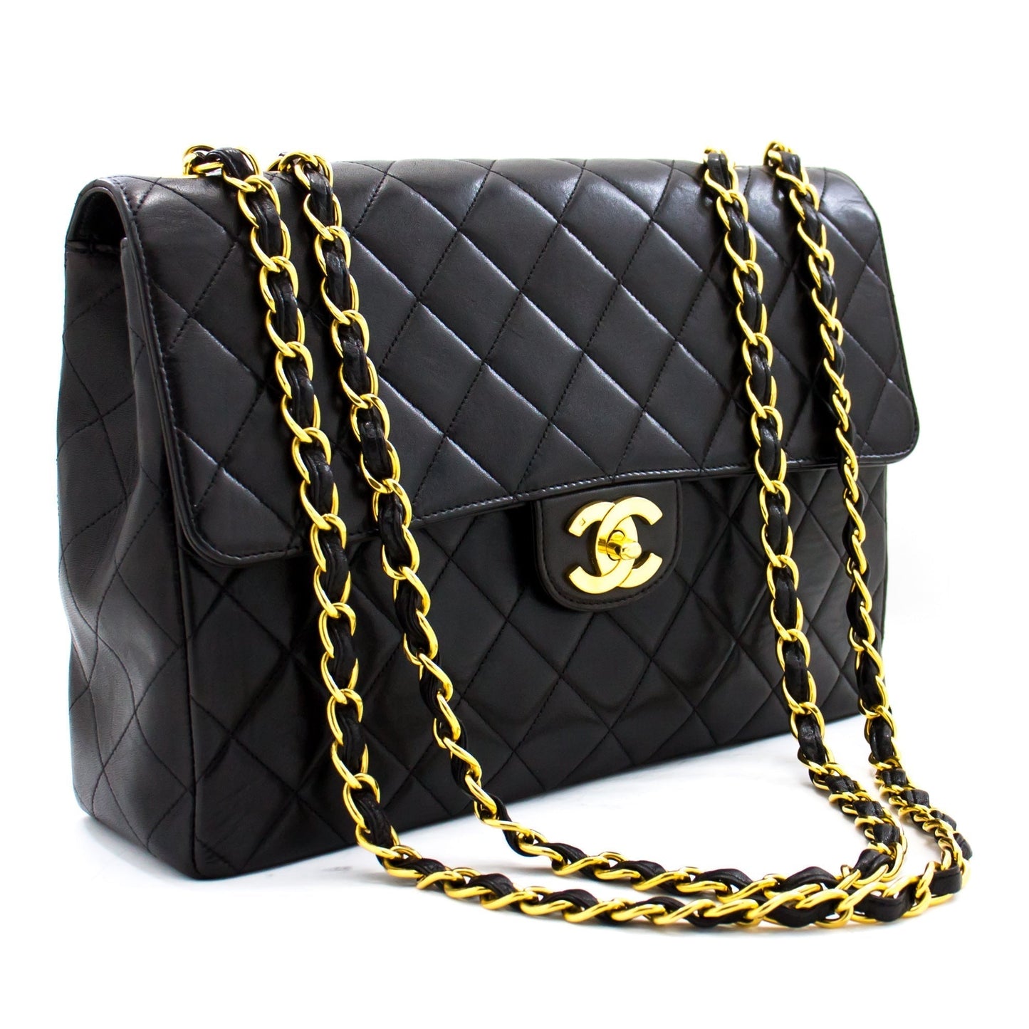 CHANEL Jumbo 11" Large Chain Shoulder Bag Flap Black Lambskin Gold f98