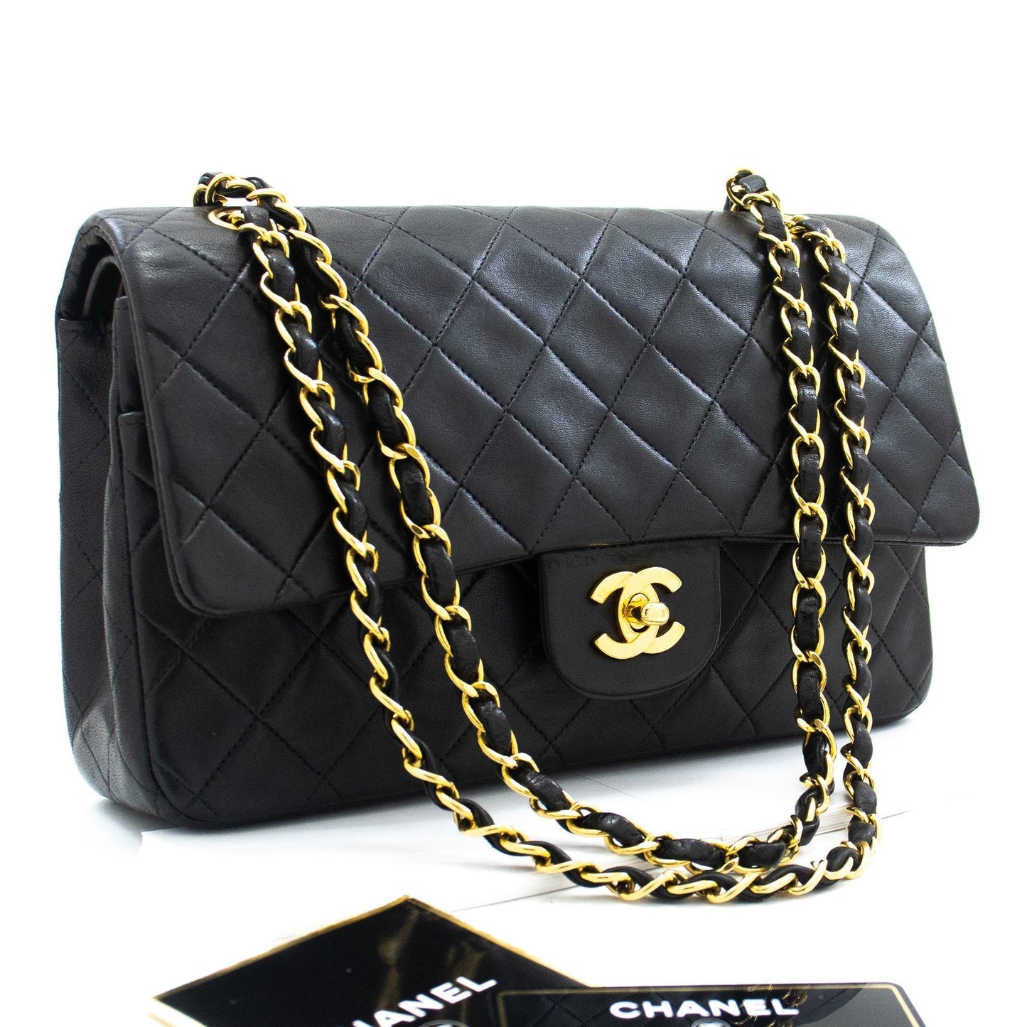 CHANEL Classic Double Flap 10" Chain Shoulder Bag Black Lambskin k04