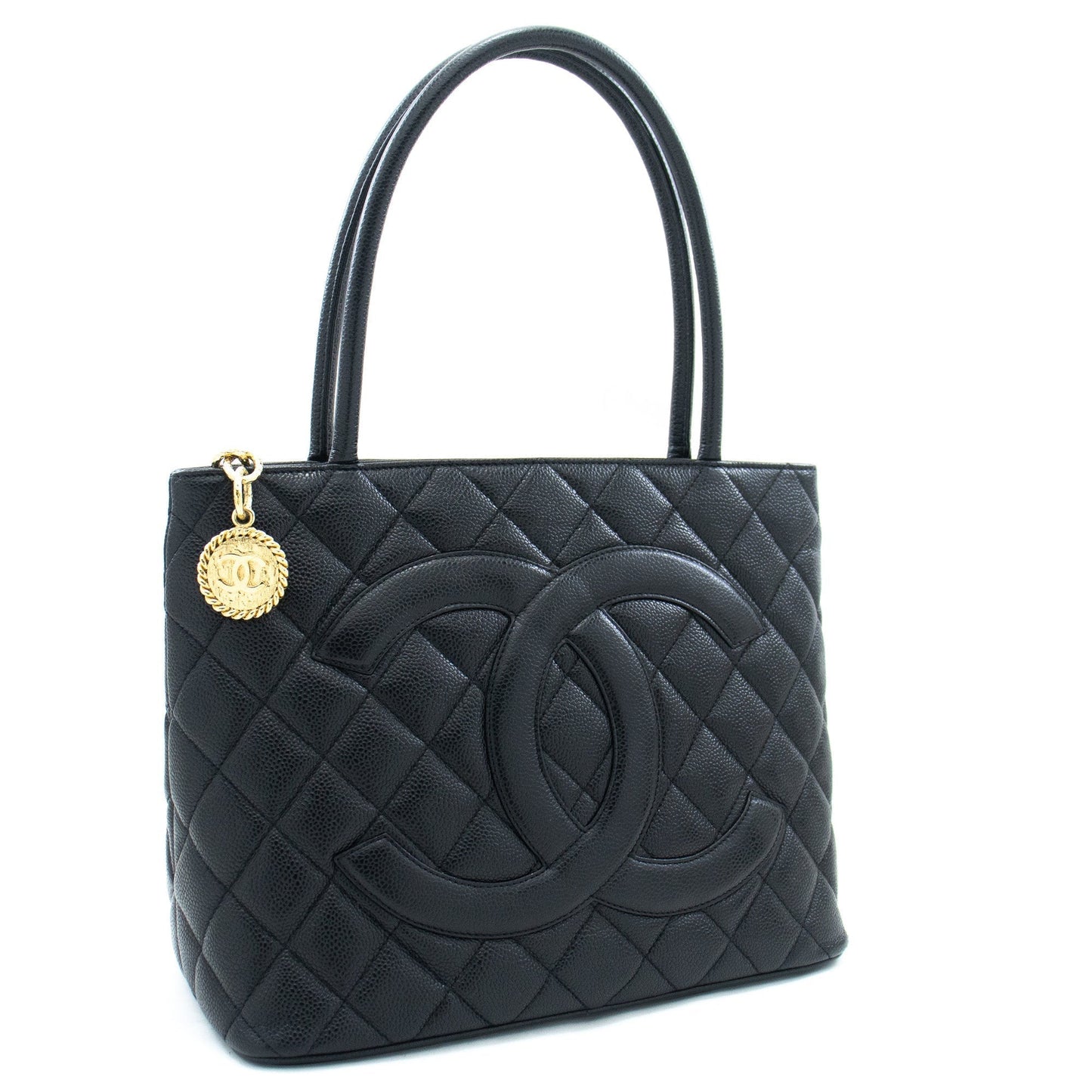 CHANEL Gold Medallion Caviar Shoulder Bag Shopping Tote Black i53