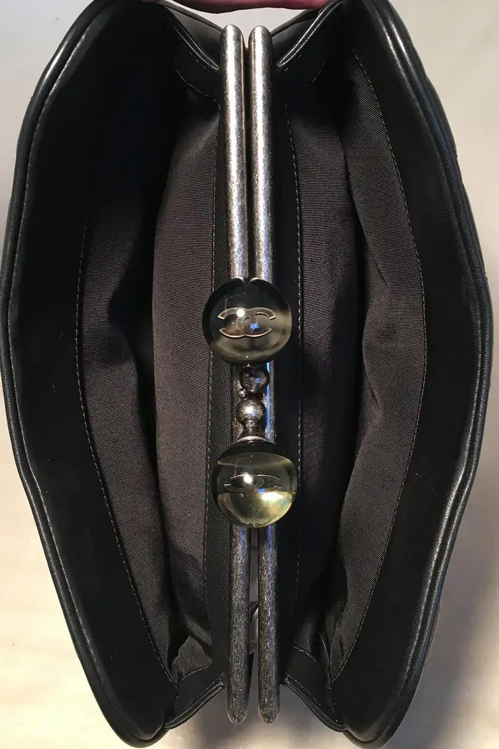 Chanel Black Leather Crystal Ball Kiss lock Clutch