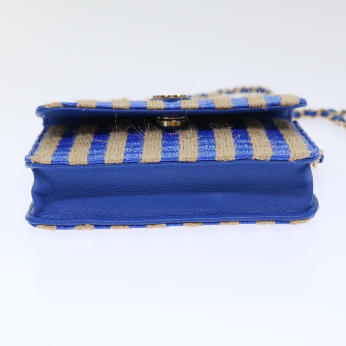 CHANEL Chain Shoulder Bag Raffia Blue Beige CC 51139A
