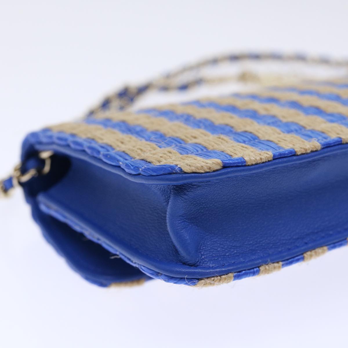 CHANEL Chain Shoulder Bag Raffia Blue Beige CC 51139A