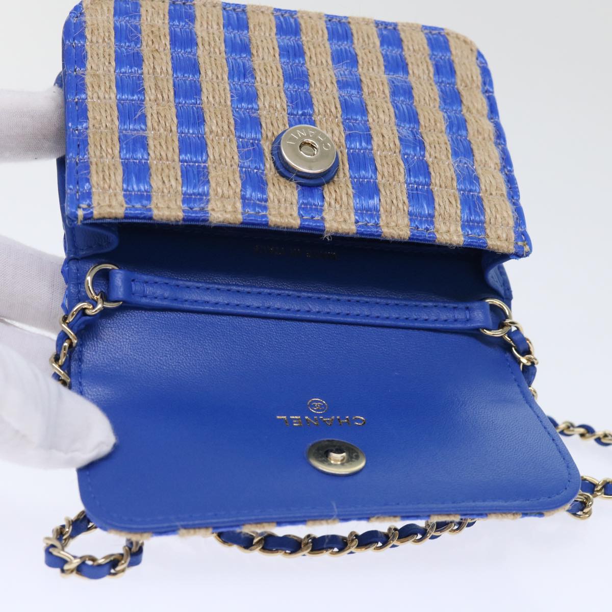 CHANEL Chain Shoulder Bag Raffia Blue Beige CC 51139A