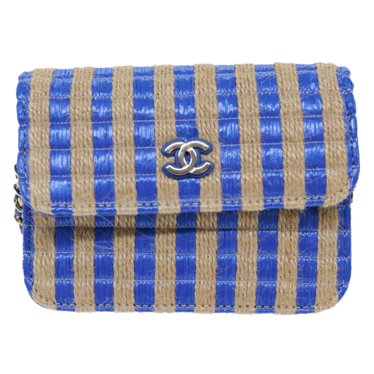 CHANEL Chain Shoulder Bag Raffia Blue Beige CC 51139A