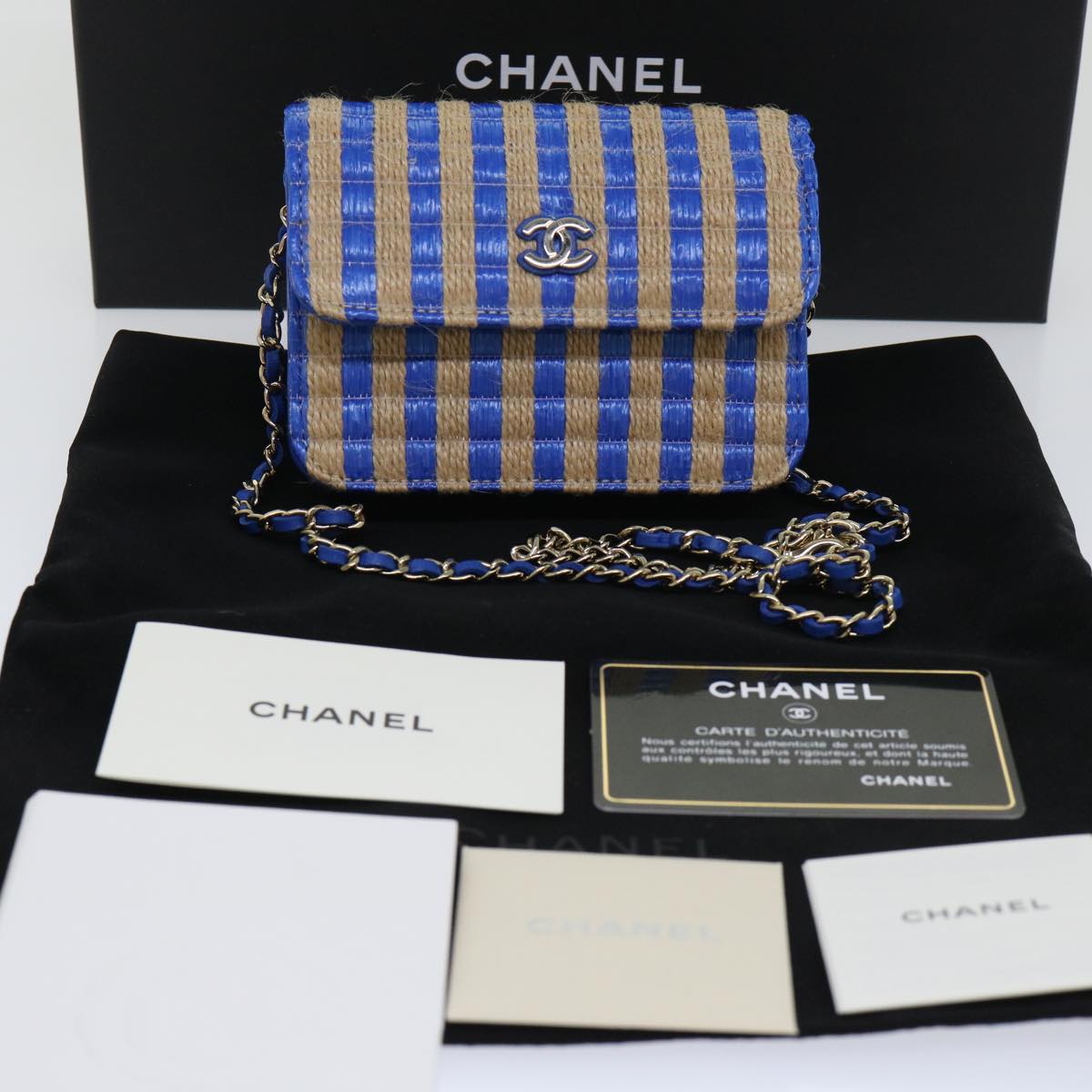 CHANEL Chain Shoulder Bag Raffia Blue Beige CC 51139A