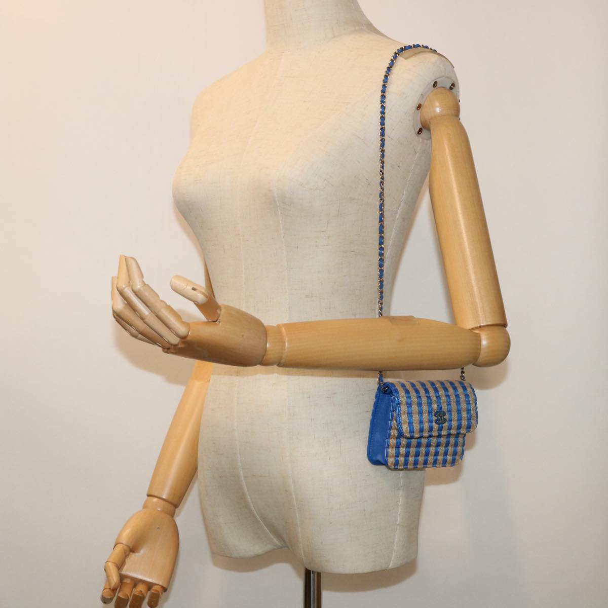 CHANEL Chain Shoulder Bag Raffia Blue Beige CC 51139A