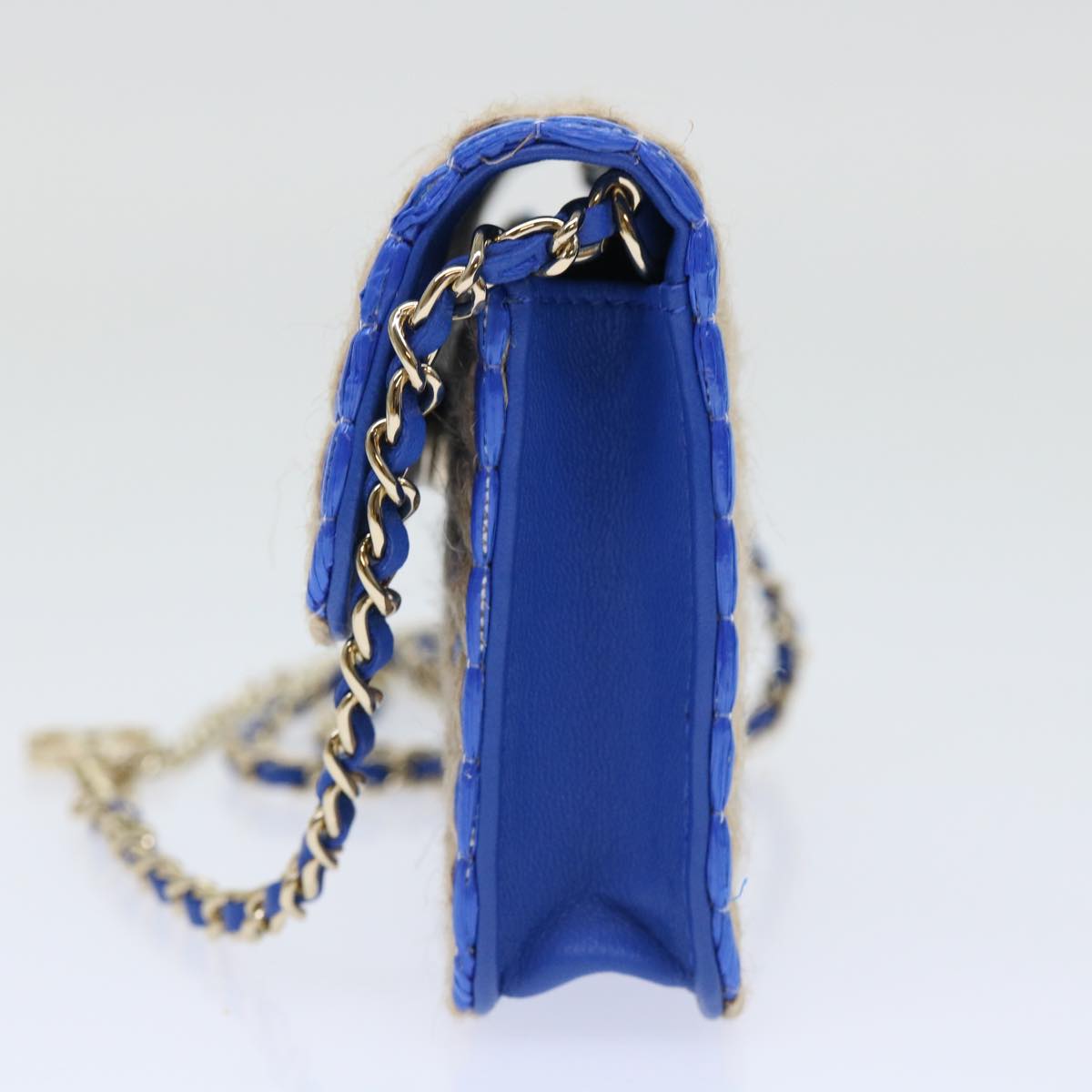 CHANEL Chain Shoulder Bag Raffia Blue Beige CC 51139A