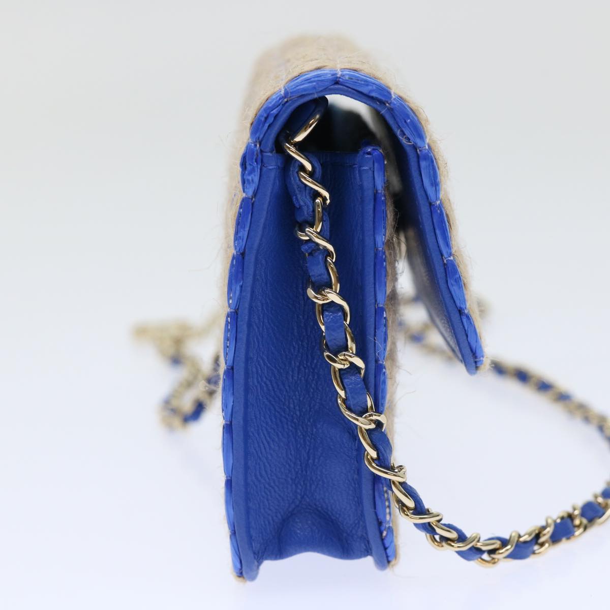 CHANEL Chain Shoulder Bag Raffia Blue Beige CC 51139A