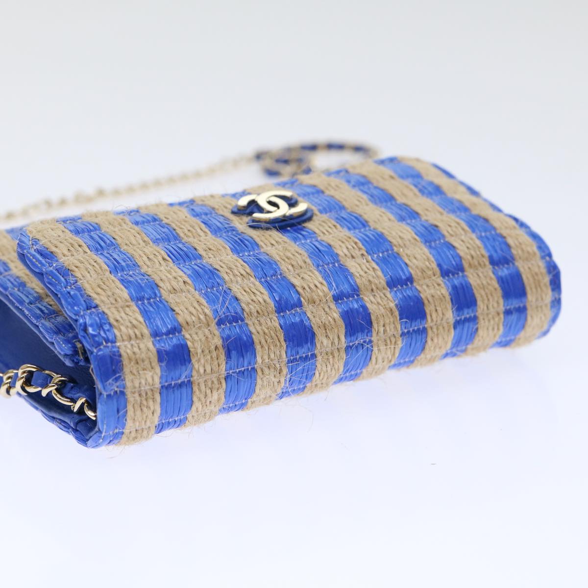 CHANEL Chain Shoulder Bag Raffia Blue Beige CC 51139A