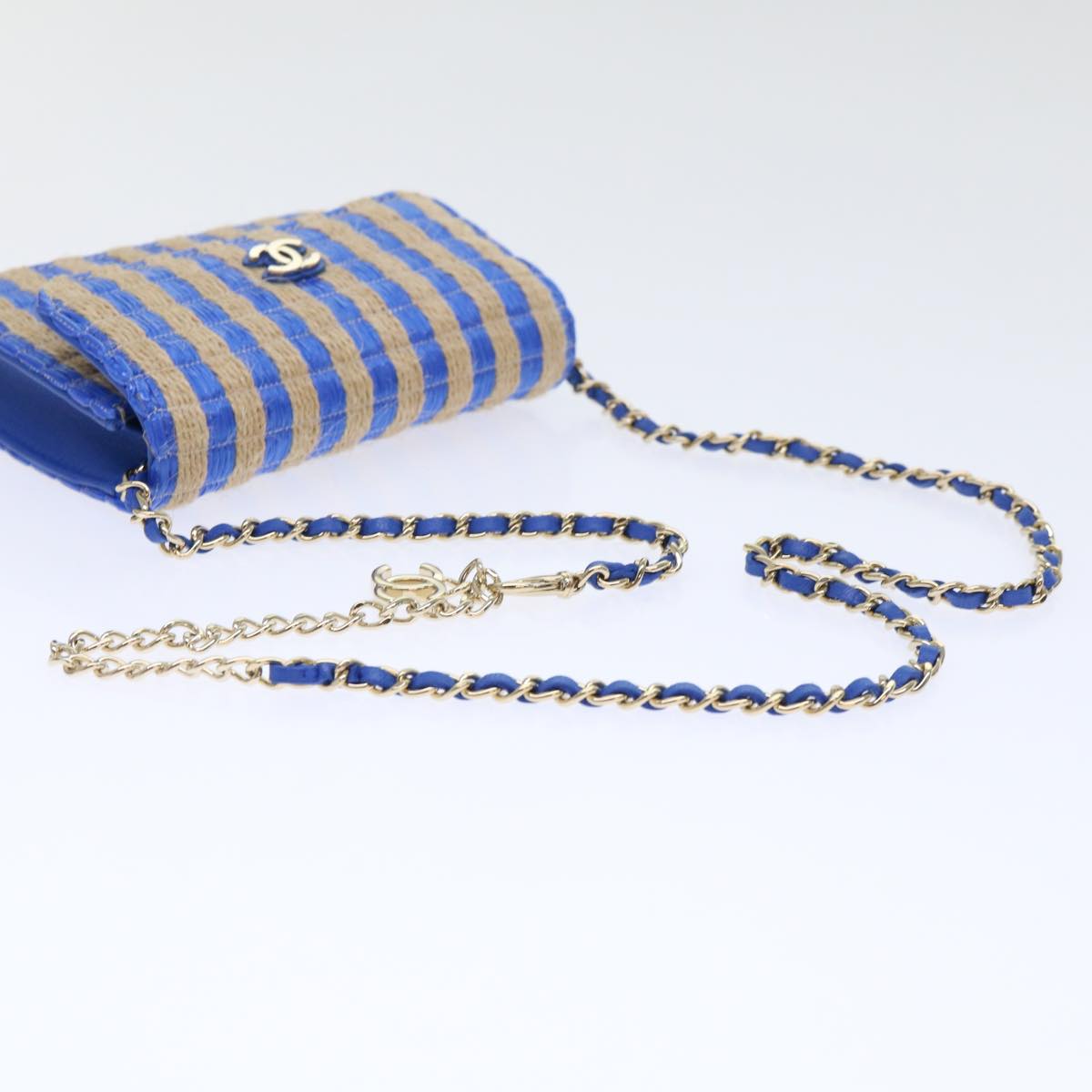 CHANEL Chain Shoulder Bag Raffia Blue Beige CC 51139A