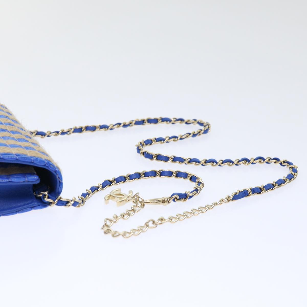 CHANEL Chain Shoulder Bag Raffia Blue Beige CC 51139A