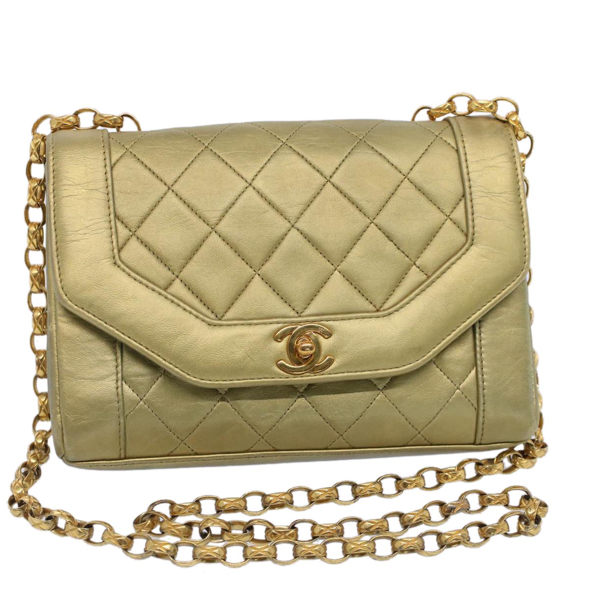 CHANEL Matelasse Turn Lock Chain Shoulder Bag Lamb Skin Gold CC 51274A