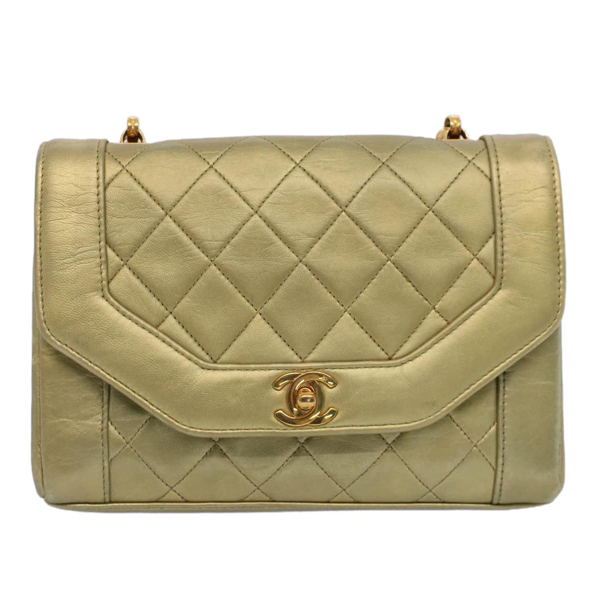 CHANEL Matelasse Turn Lock Chain Shoulder Bag Lamb Skin Gold CC 51274A