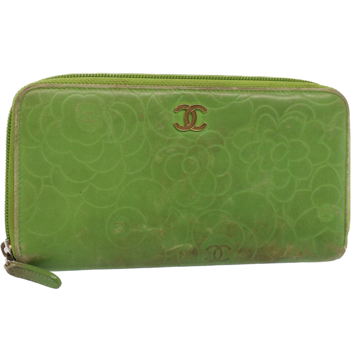 CHANEL Camelia Long Wallet Leather Green CC 52452
