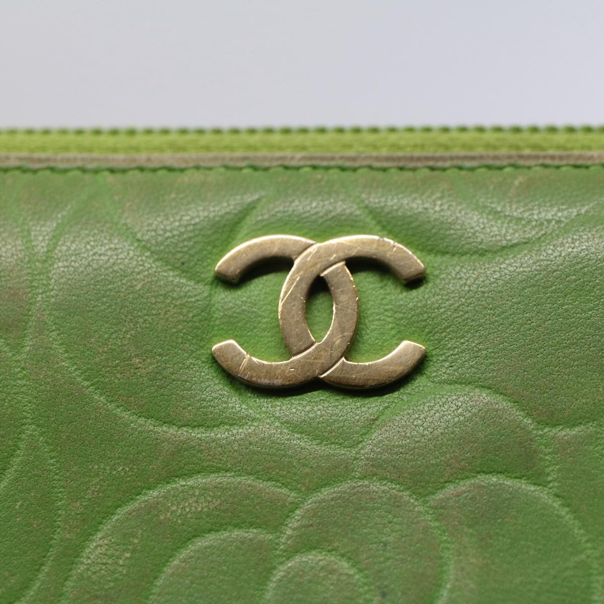 CHANEL Camelia Long Wallet Leather Green CC 52452