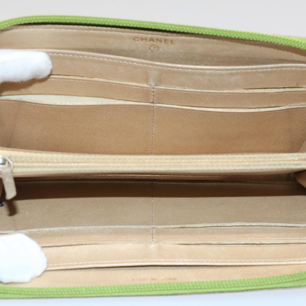 CHANEL Camelia Long Wallet Leather Green CC 52452