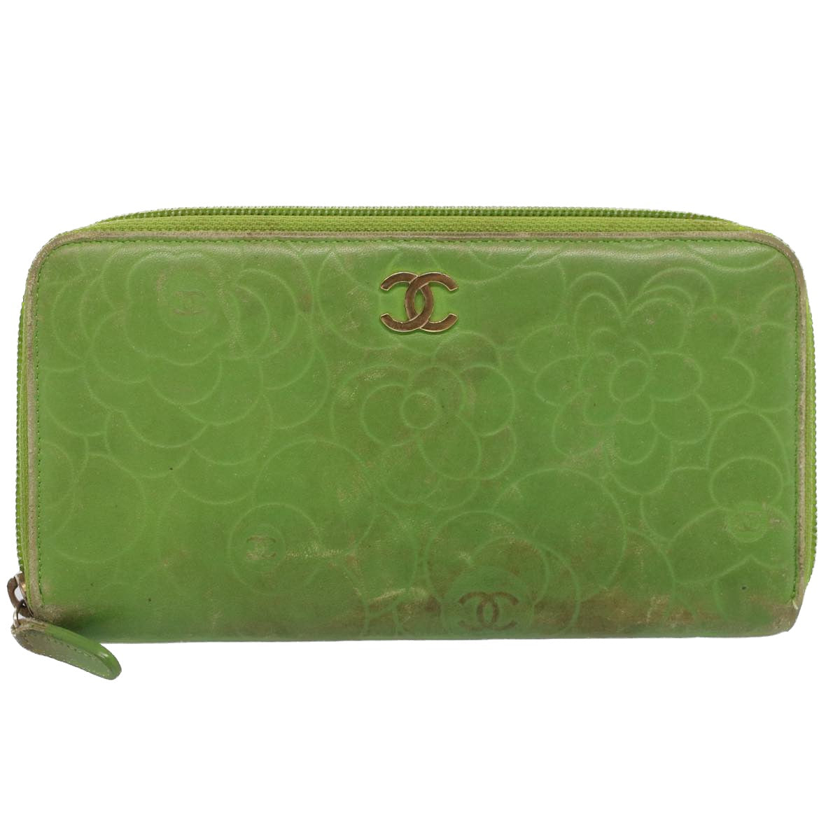 CHANEL Camelia Long Wallet Leather Green CC 52452