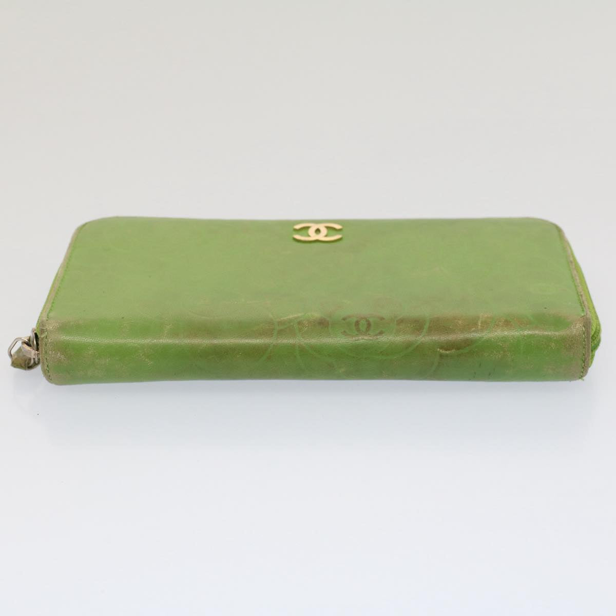 CHANEL Camelia Long Wallet Leather Green CC 52452