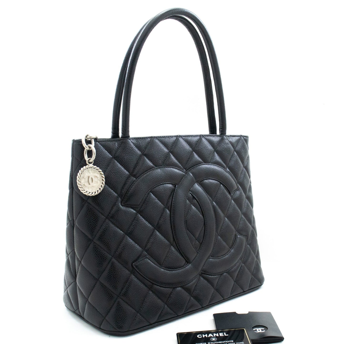 CHANEL Silver Medallion Caviar Shoulder Bag Grand Shopping Tote i75