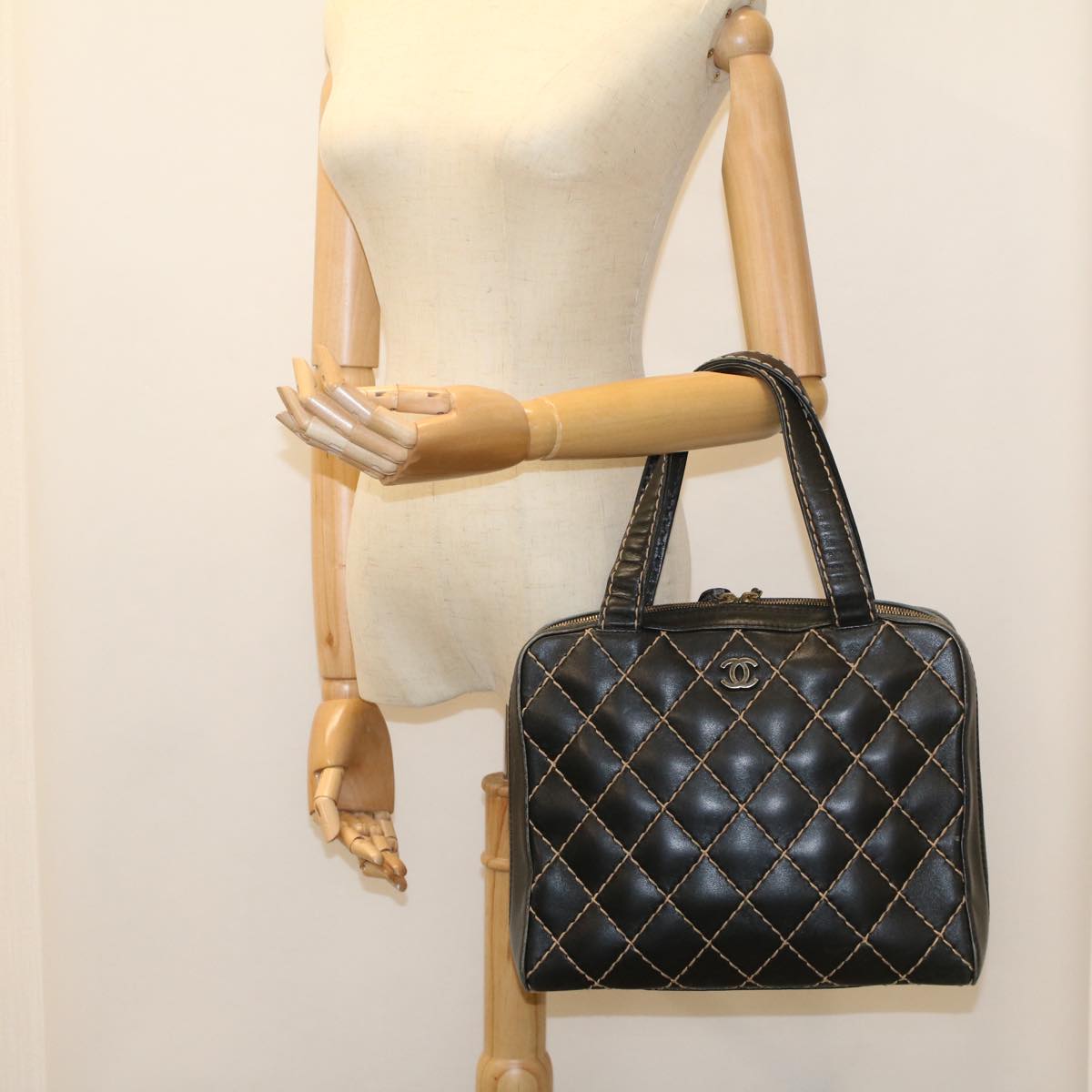 CHANEL Wild Stitch Hand Bag Leather Black CC 54178
