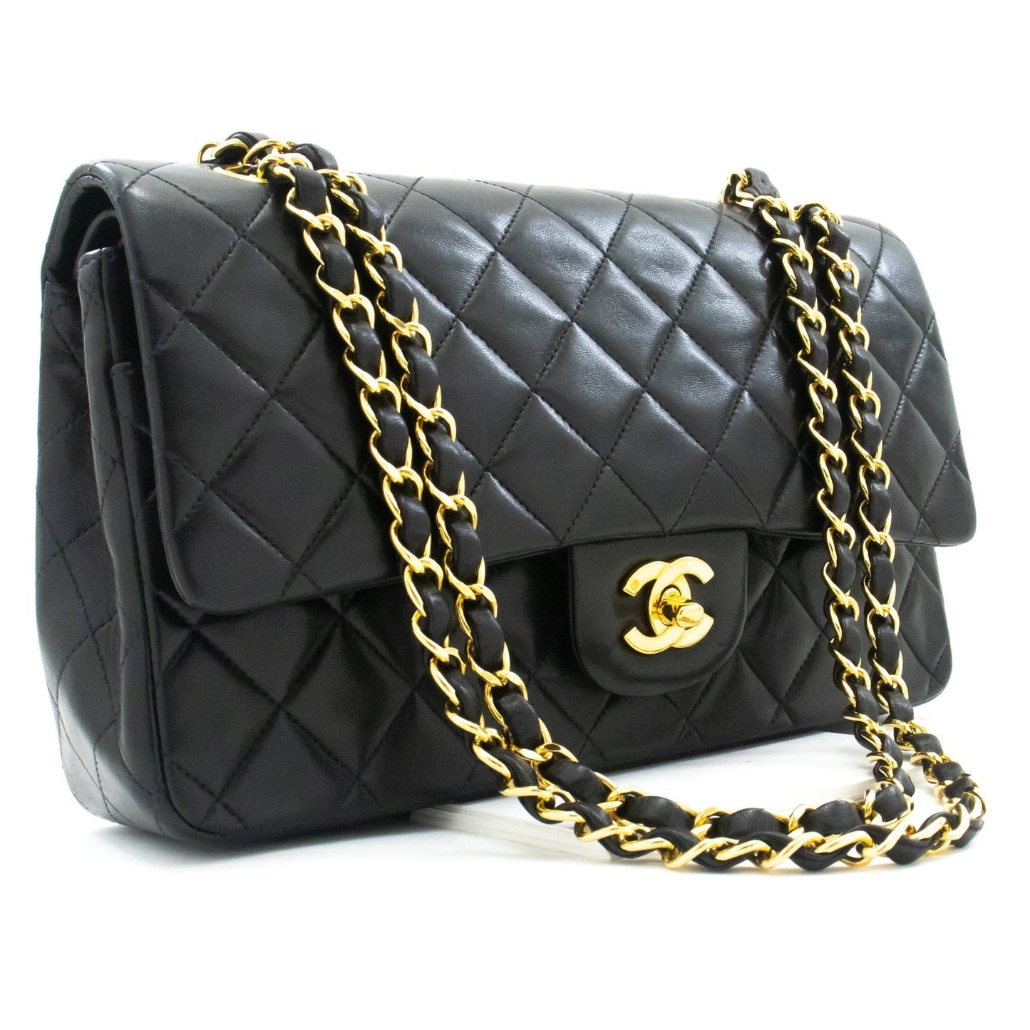 CHANEL Classic Double Flap 10" Chain Shoulder Bag Black Lambskin k39