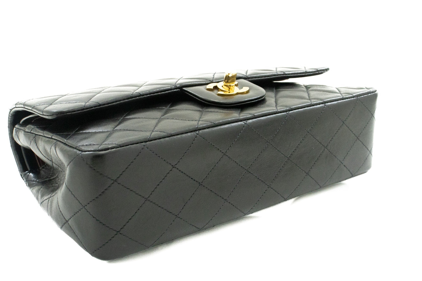 CHANEL Classic Double Flap 10" Chain Shoulder Bag Black Lambskin k39