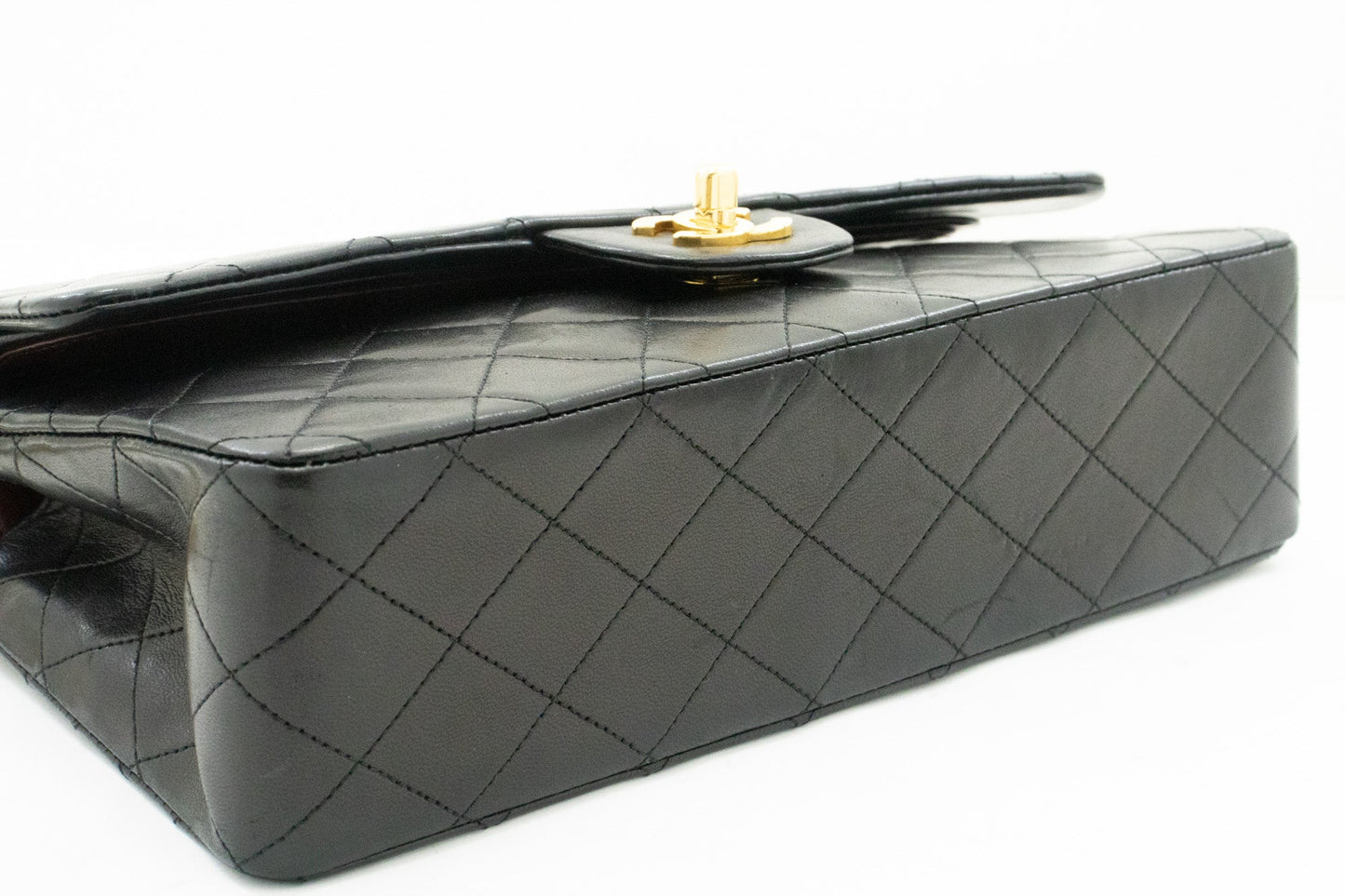 CHANEL Classic Double Flap 10" Chain Shoulder Bag Black Lambskin k46