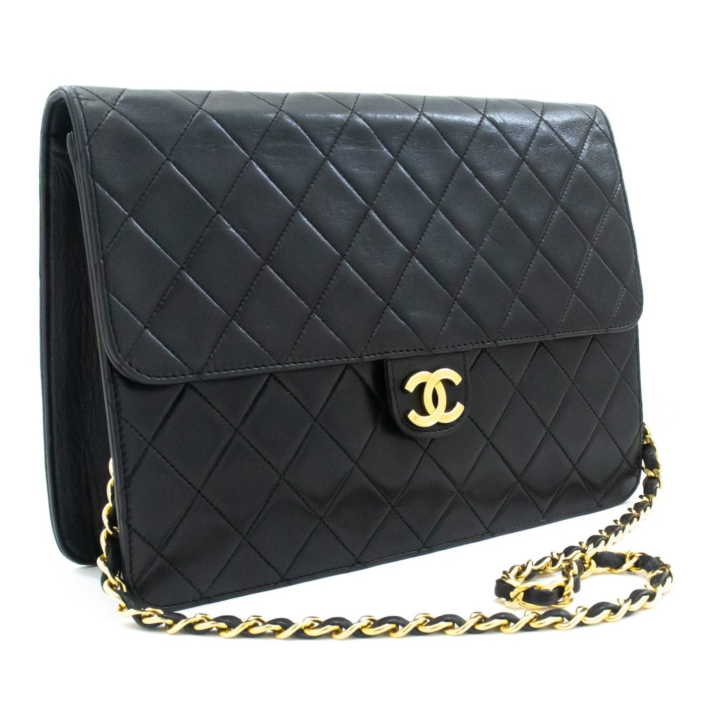 CHANEL Chain Shoulder Bag Clutch Black Quilted Flap Lambskin Purse k14