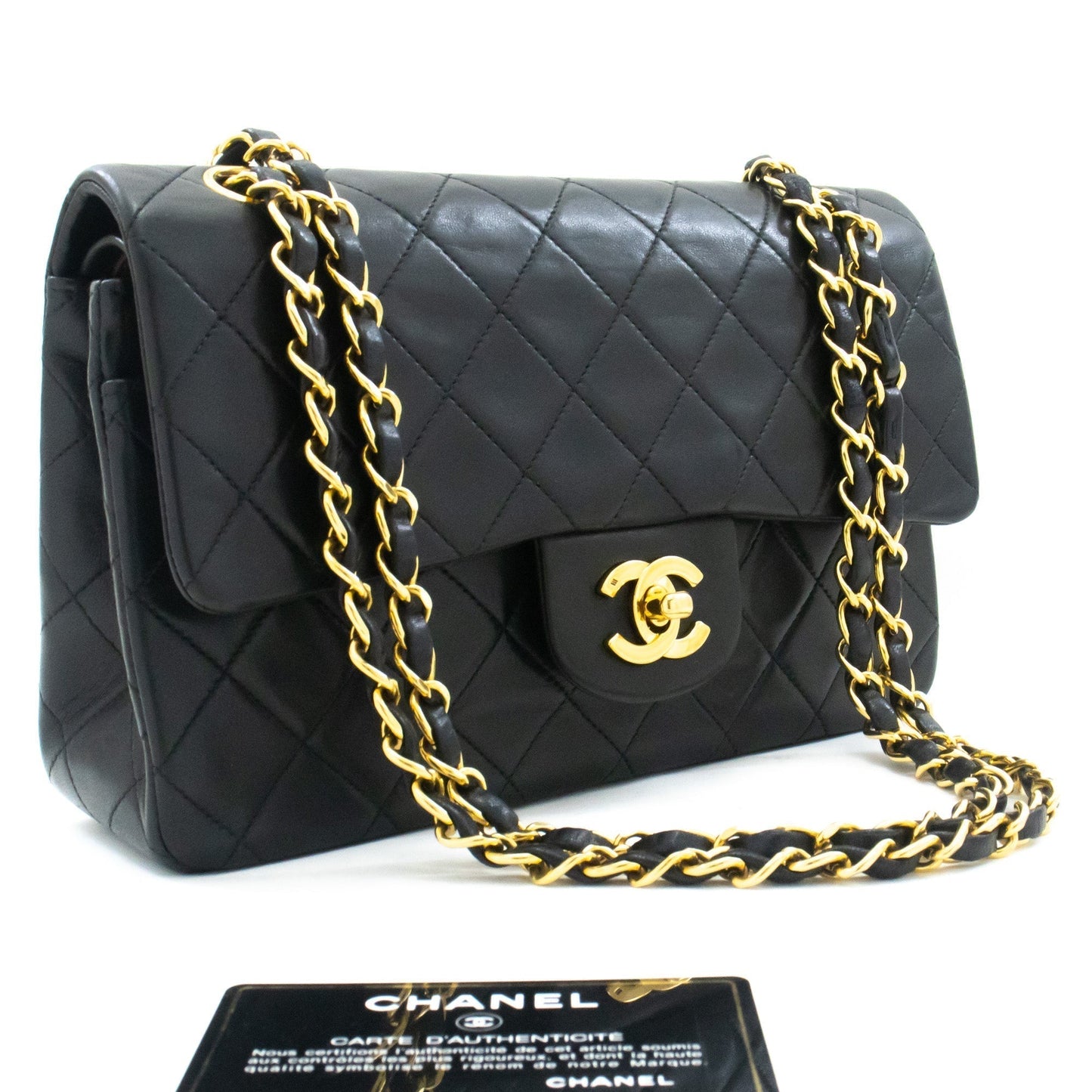 CHANEL Classic Double Flap 9" Chain Shoulder Bag Black Lambskin j57