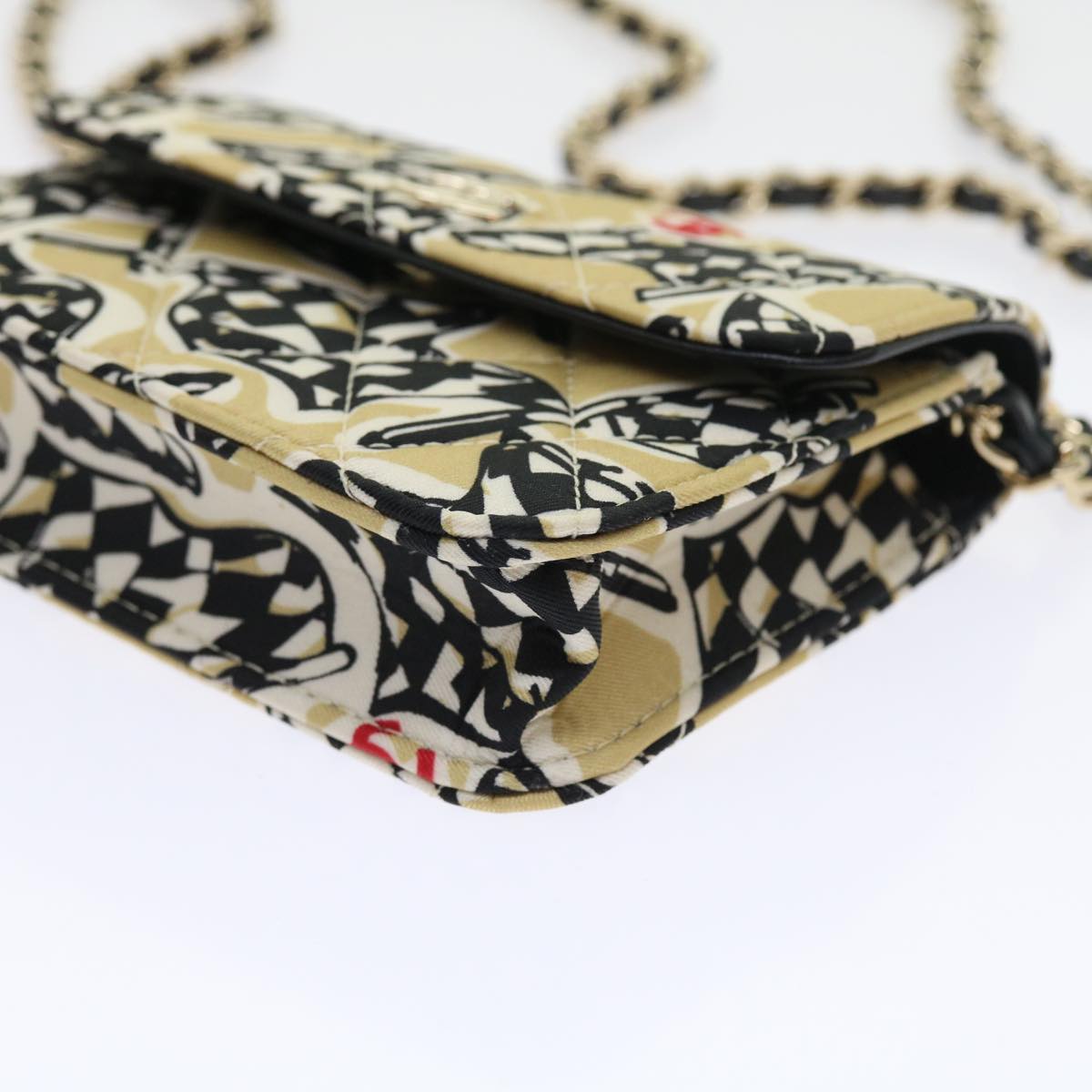 CHANEL Mini Matelasse Shoulder Bag Canvas Beige Black CC 55538A