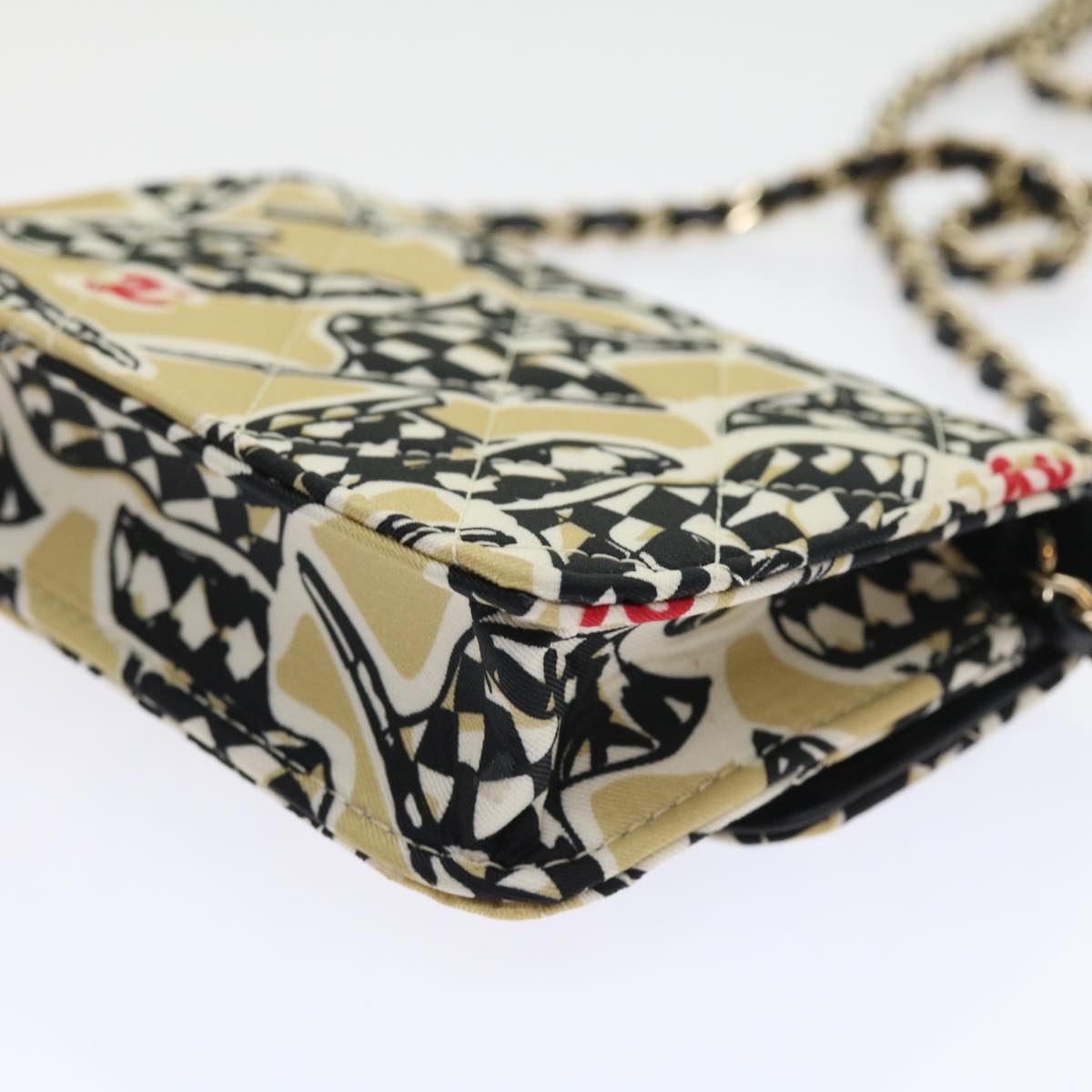 CHANEL Mini Matelasse Shoulder Bag Canvas Beige Black CC 55538A