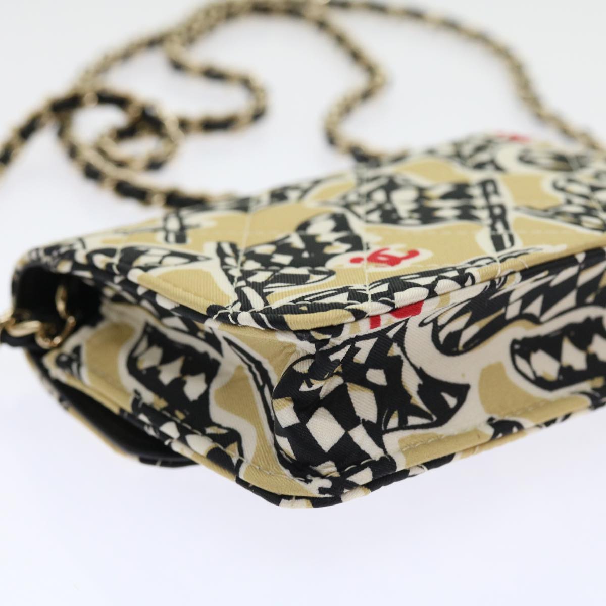 CHANEL Mini Matelasse Shoulder Bag Canvas Beige Black CC 55538A