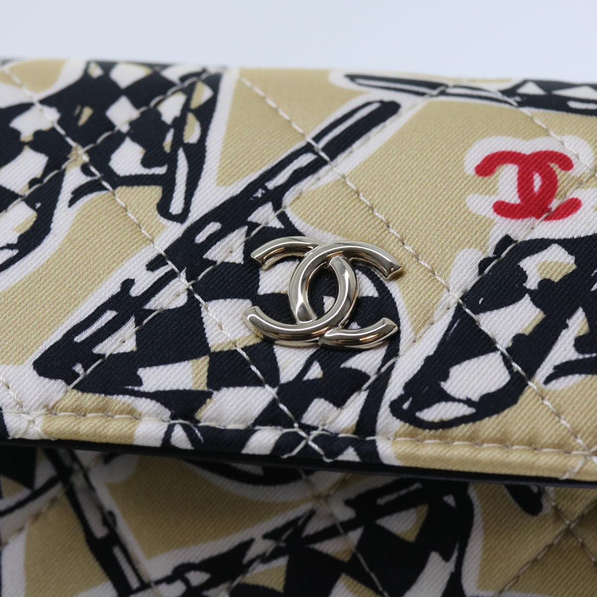 CHANEL Mini Matelasse Shoulder Bag Canvas Beige Black CC 55538A