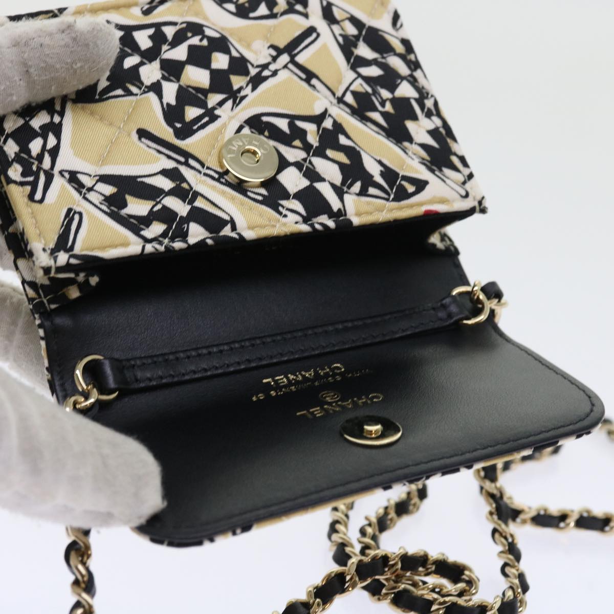 CHANEL Mini Matelasse Shoulder Bag Canvas Beige Black CC 55538A