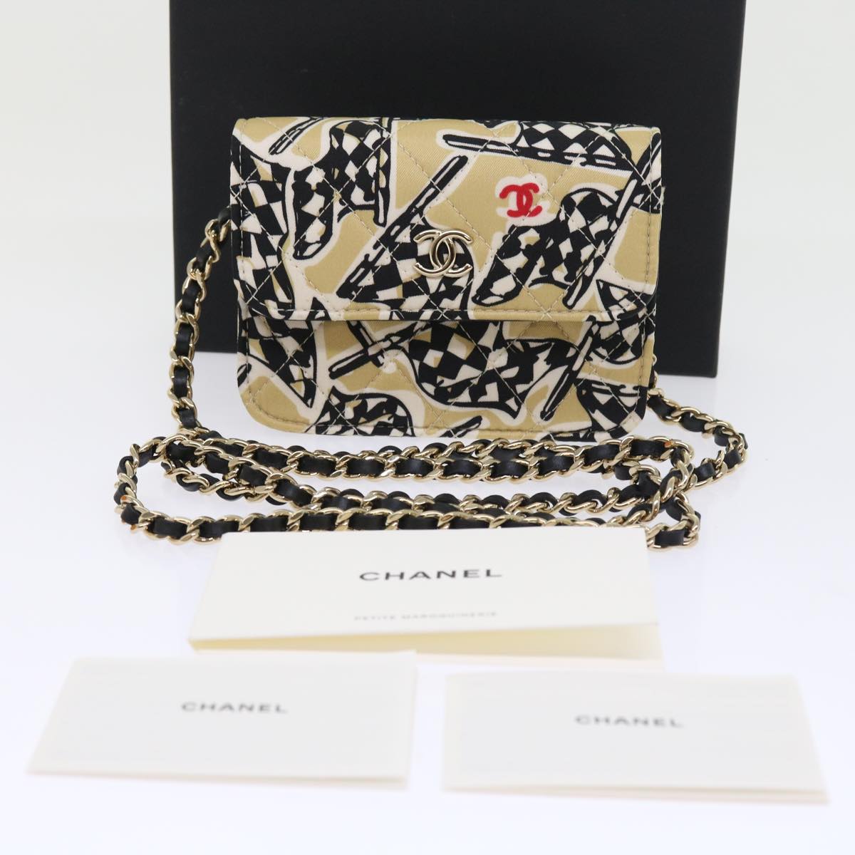 CHANEL Mini Matelasse Shoulder Bag Canvas Beige Black CC 55538A