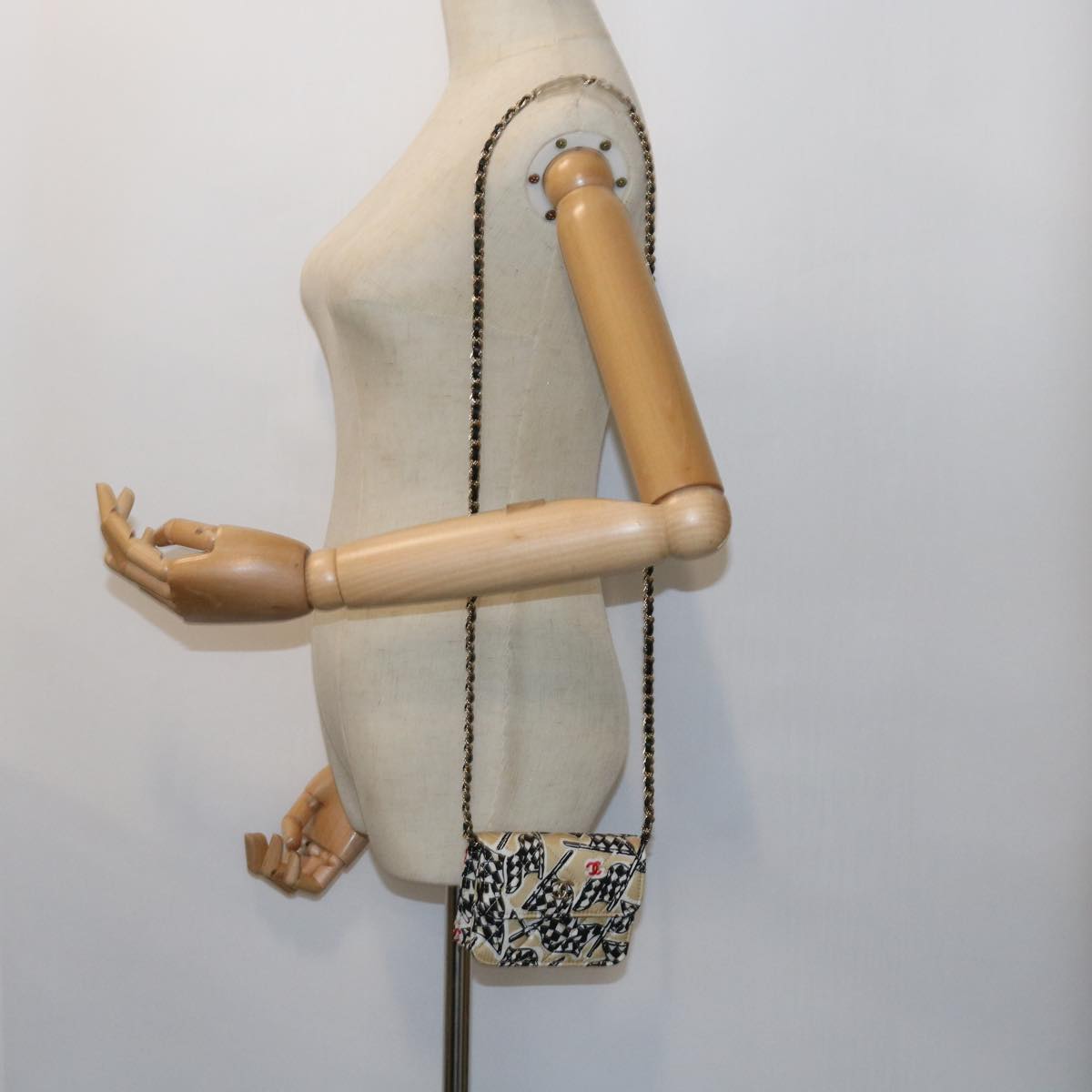 CHANEL Mini Matelasse Shoulder Bag Canvas Beige Black CC 55538A