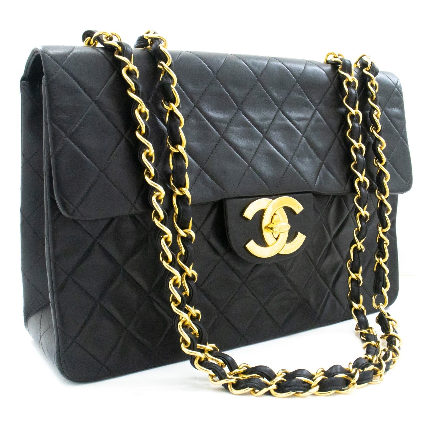 CHANEL Classic Large 13" Flap Chain Shoulder Bag Black Lambskin j58
