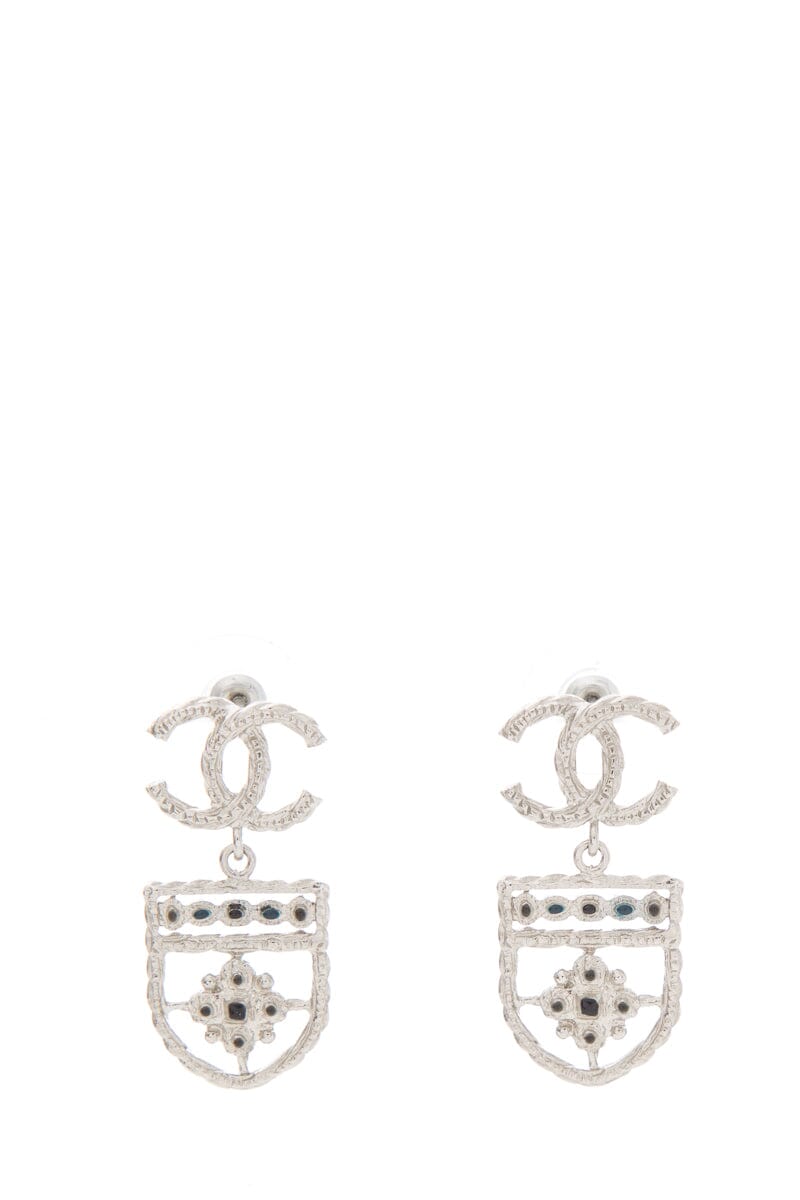 Chanel Silver Shield Detail Dangle CC Logo Earrings
