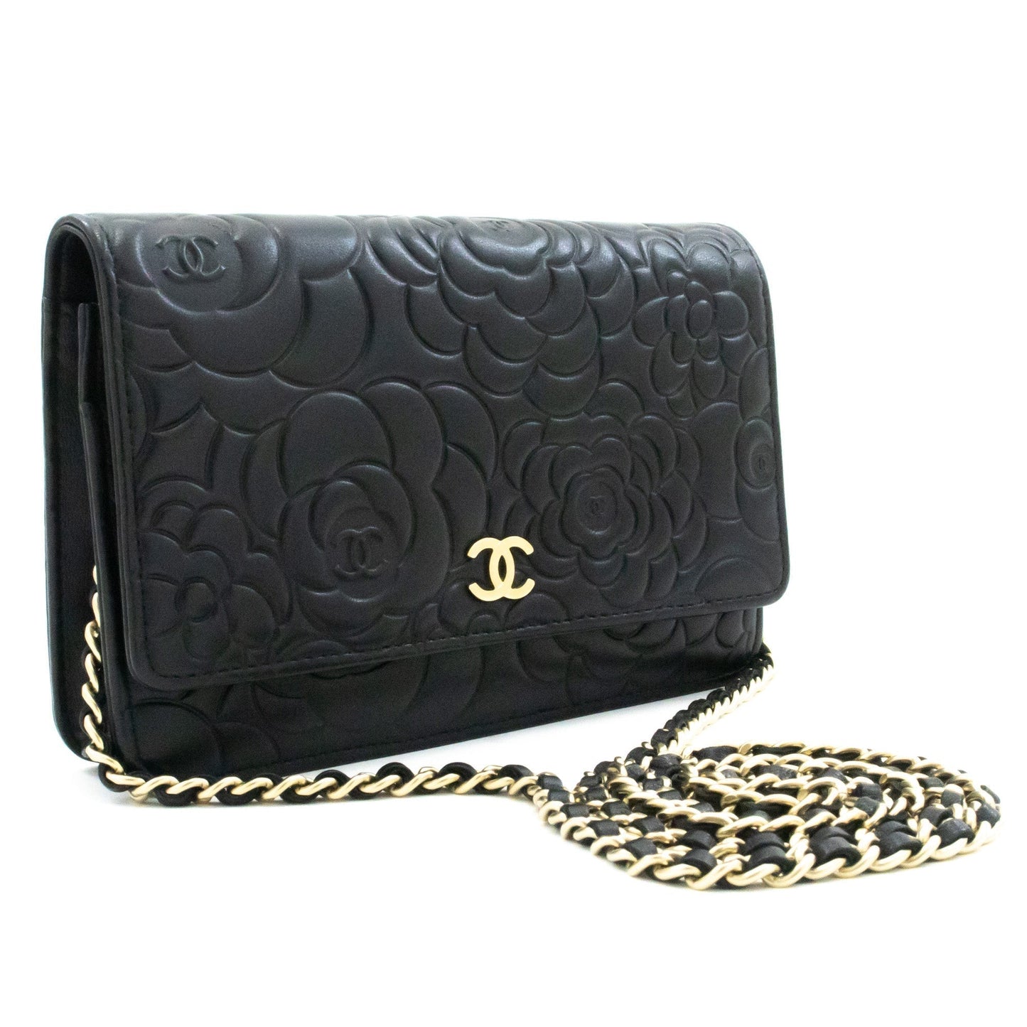 CHANEL Black Camellia Embossed Wallet On Chain WOC Shoulder Bag k53