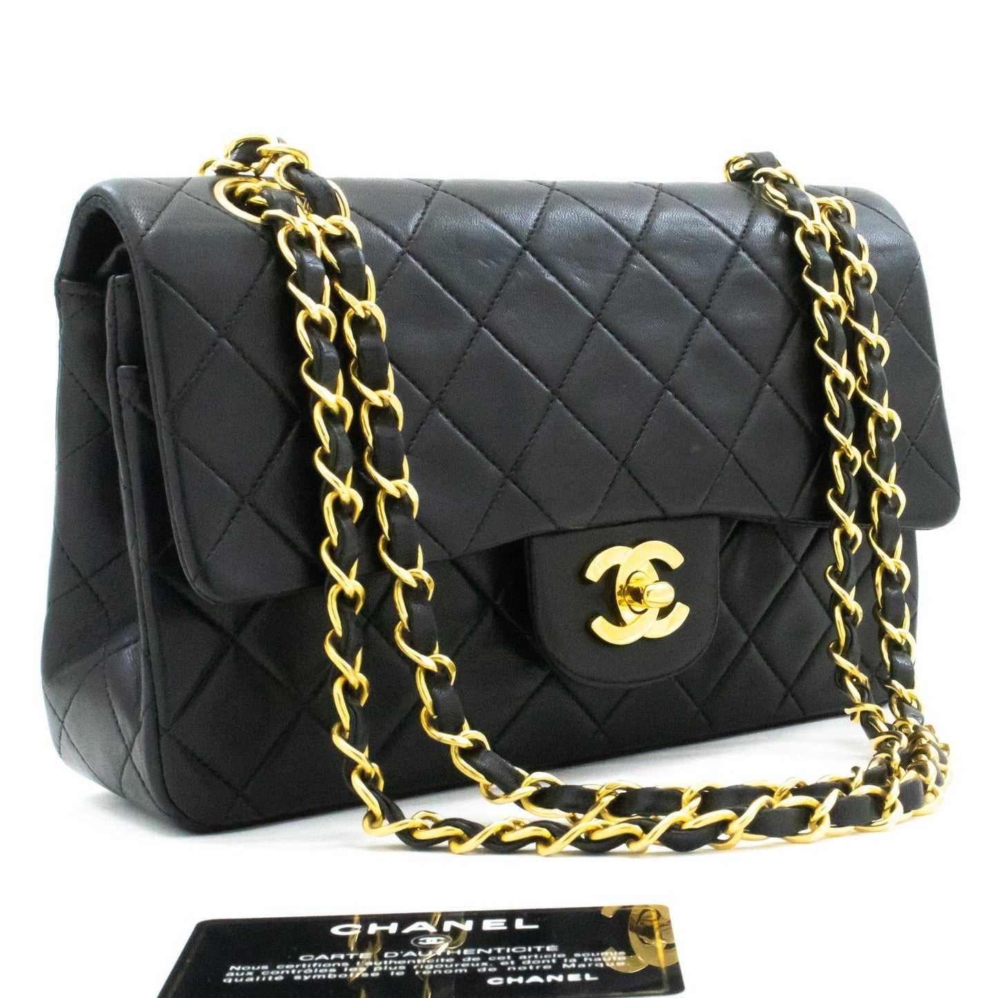 CHANEL Classic Double Flap 9" Chain Shoulder Bag Black Lambskin k51
