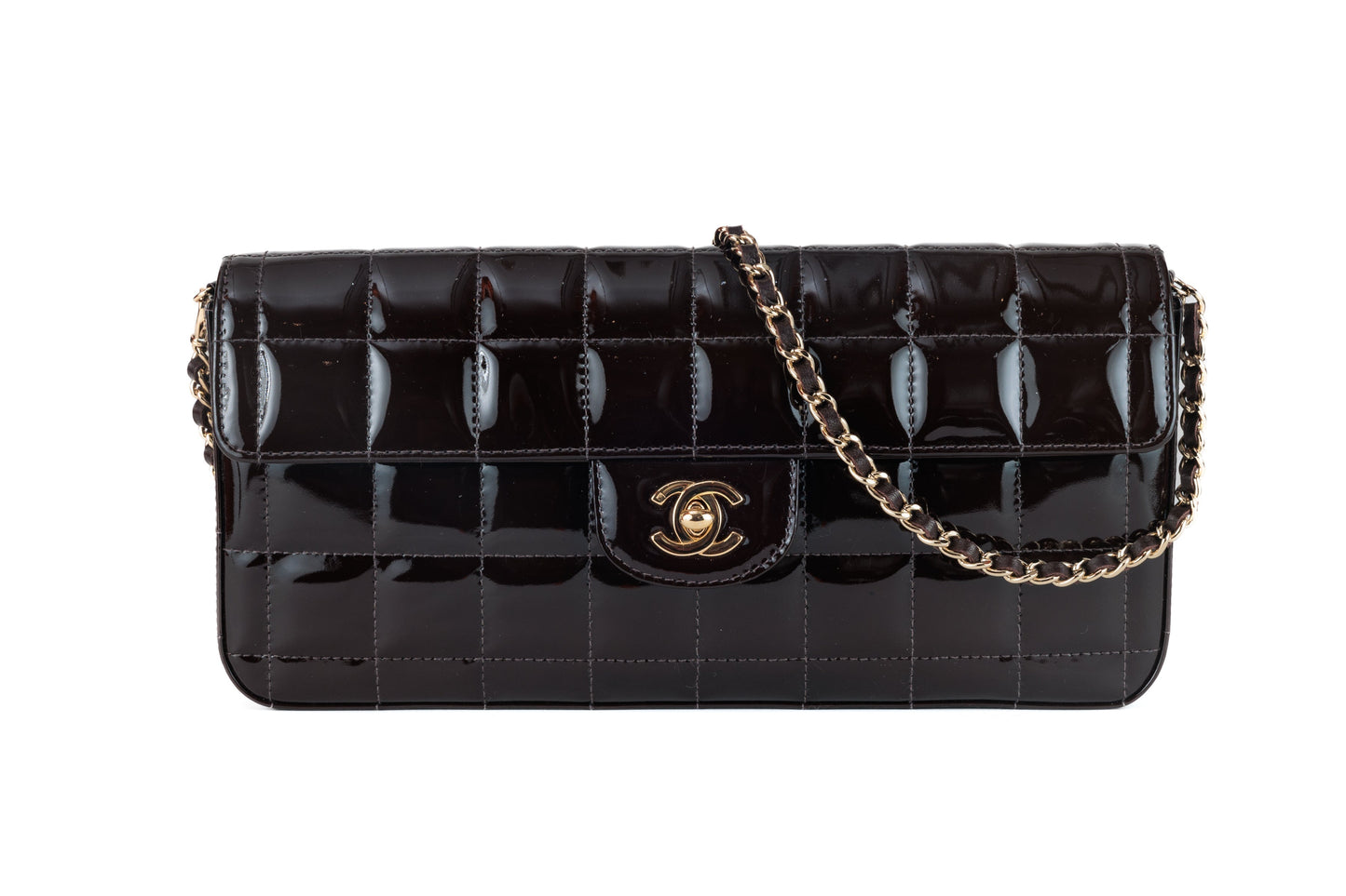 Chanel Brown Patent Leather Chocolate Bar East West Flap Bag with Gold Hardware