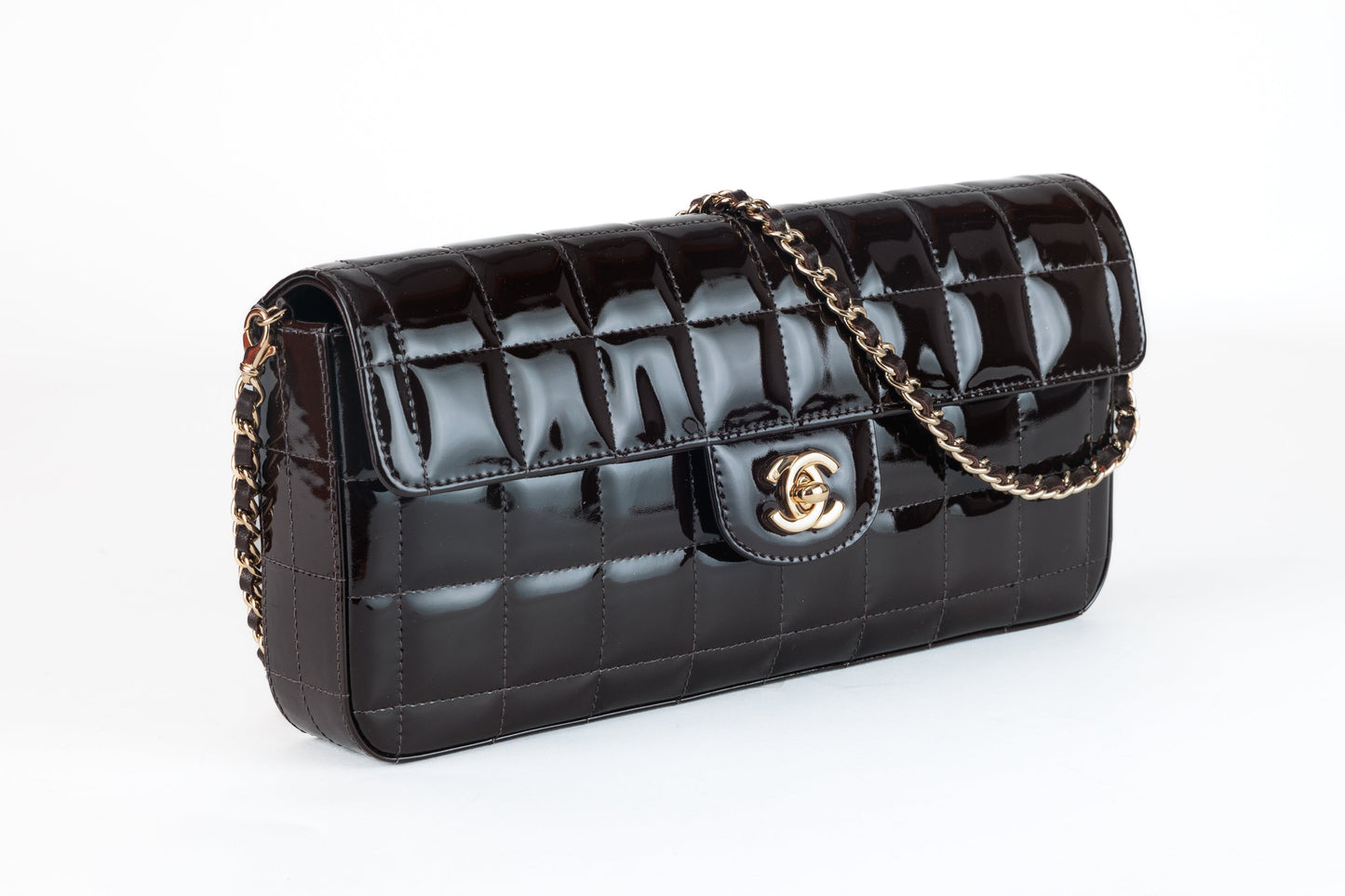Chanel Brown Patent Leather Chocolate Bar East West Flap Bag with Gold Hardware