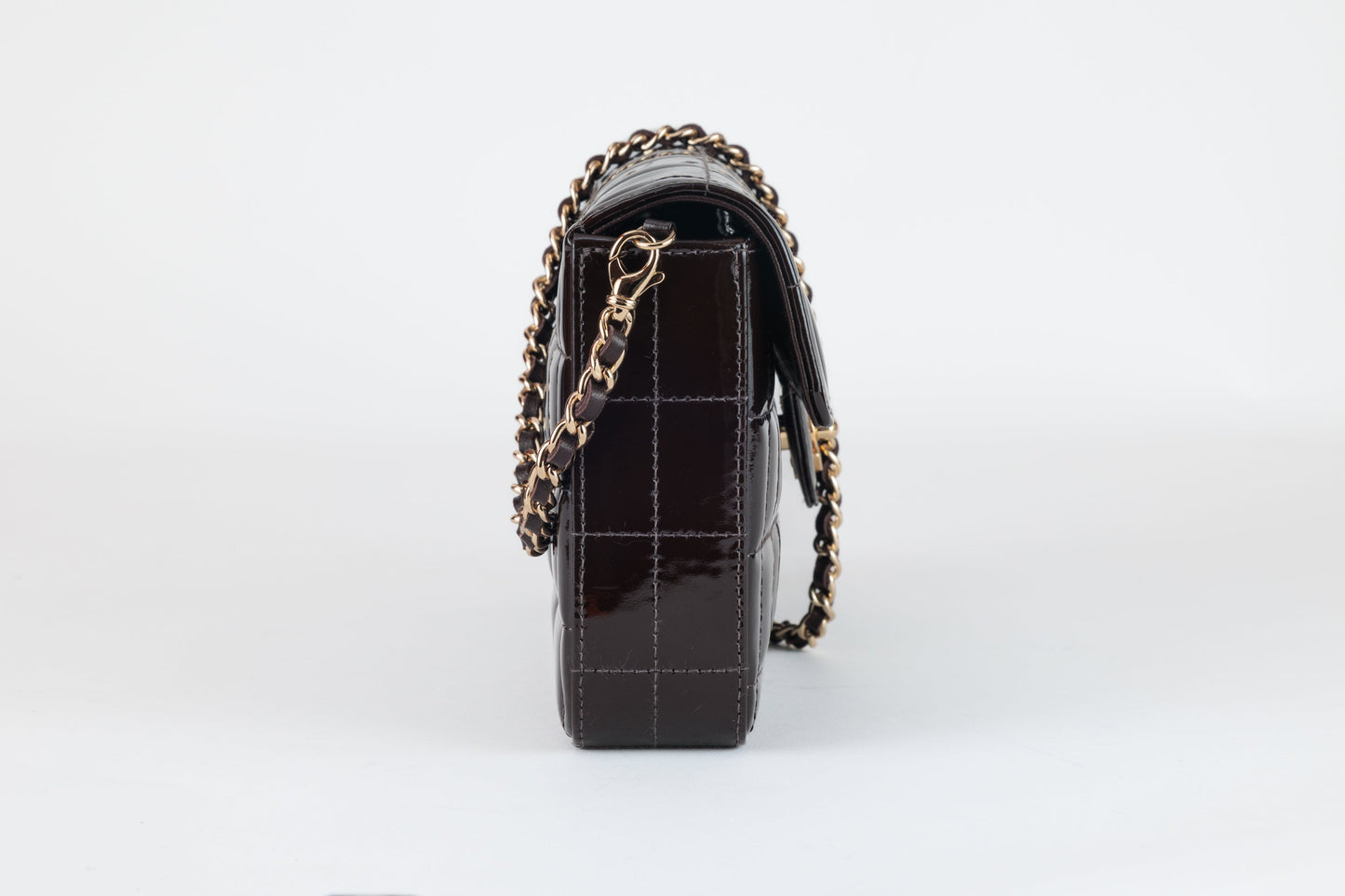 Chanel Brown Patent Leather Chocolate Bar East West Flap Bag with Gold Hardware