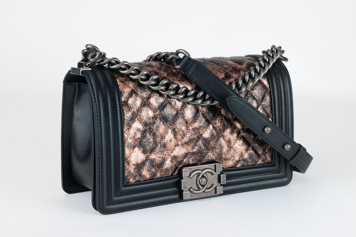 Chanel Black Metallic Copper Canvas Medium Boy Bag with Ruthenium Hardware