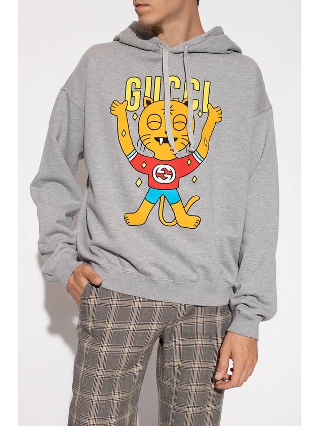 Gucci Cat Print Cotton Hoodie Grey