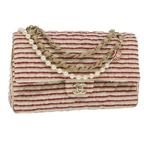CHANEL Quilted Matelasse Chain Shoulder Bag Canvas Red Beige CC 58343S