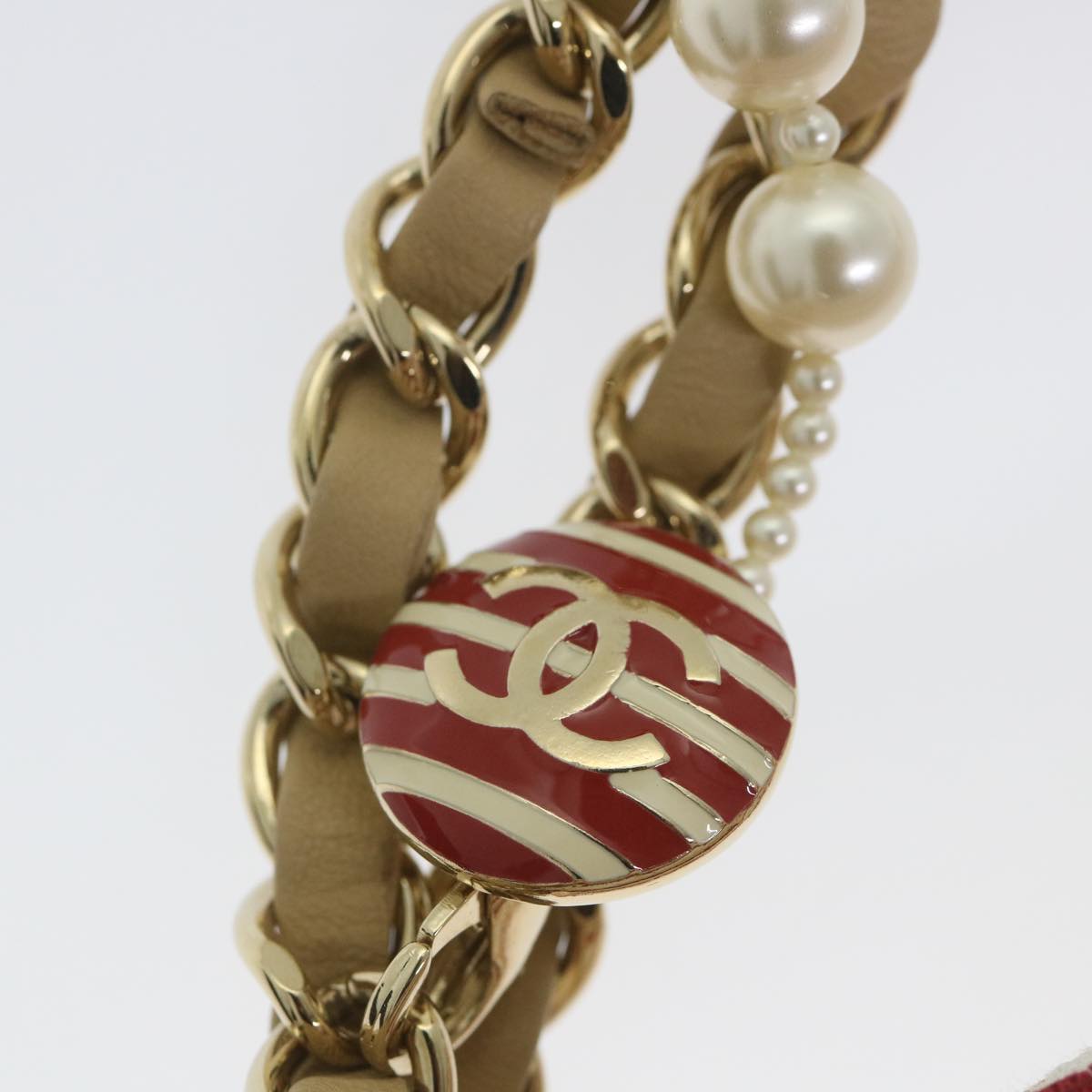 CHANEL Quilted Matelasse Chain Shoulder Bag Canvas Red Beige CC 58343S