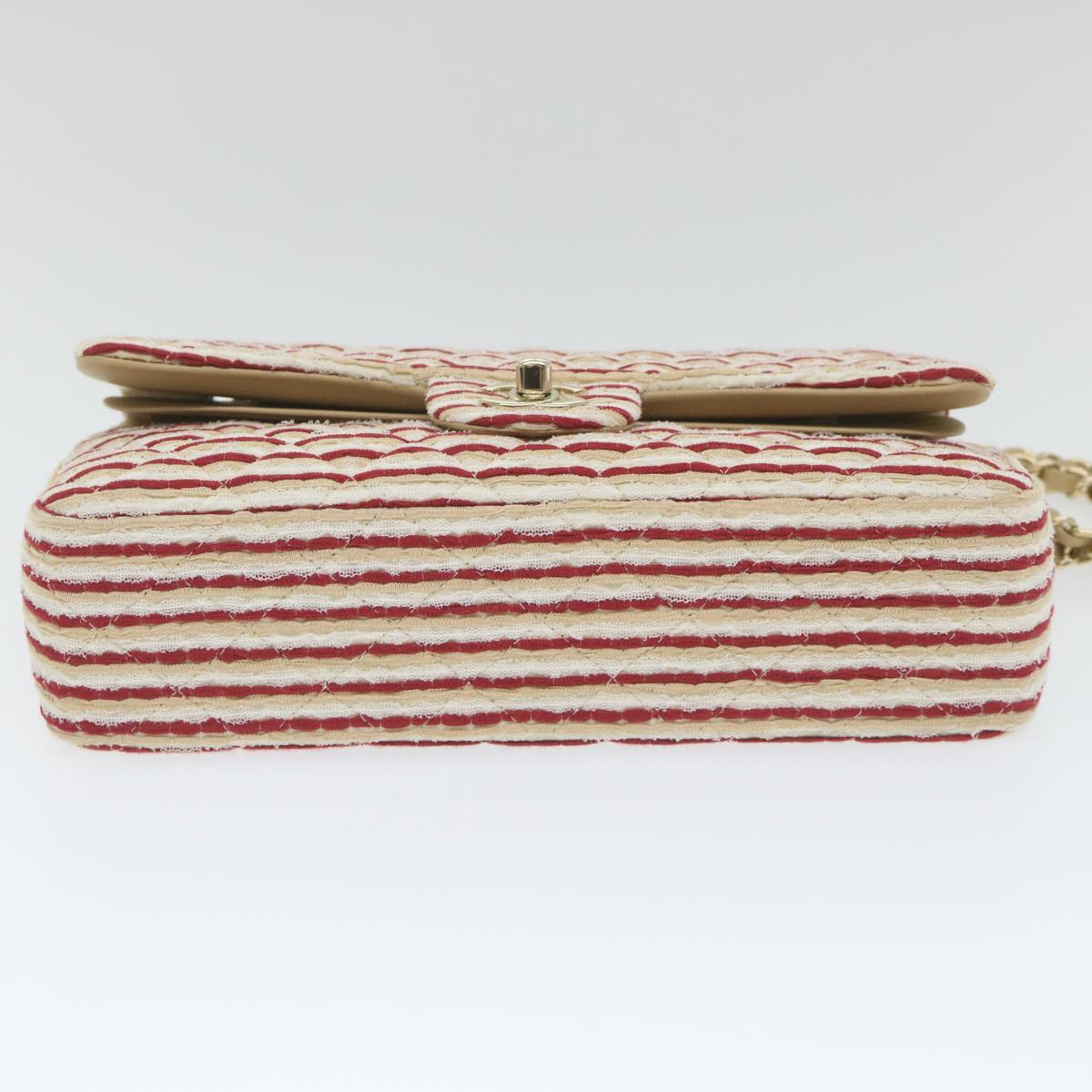 CHANEL Quilted Matelasse Chain Shoulder Bag Canvas Red Beige CC 58343S
