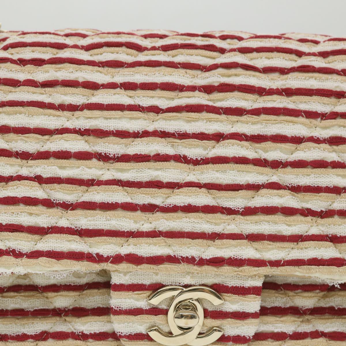 CHANEL Quilted Matelasse Chain Shoulder Bag Canvas Red Beige CC 58343S